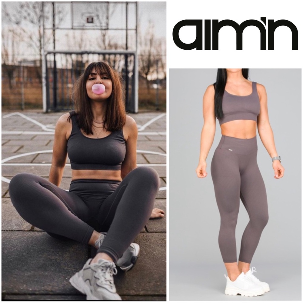 Aimn 💗 2 piece concrete 7/8 ribbed leggings and matching sports bra set